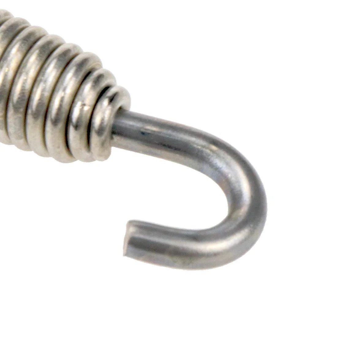 Close-up of a stainless steel swirl hook from Motorcycle Exhaust Spring Set 4 Pack Stainless Steel Swivel Hook Springs 58mm Long