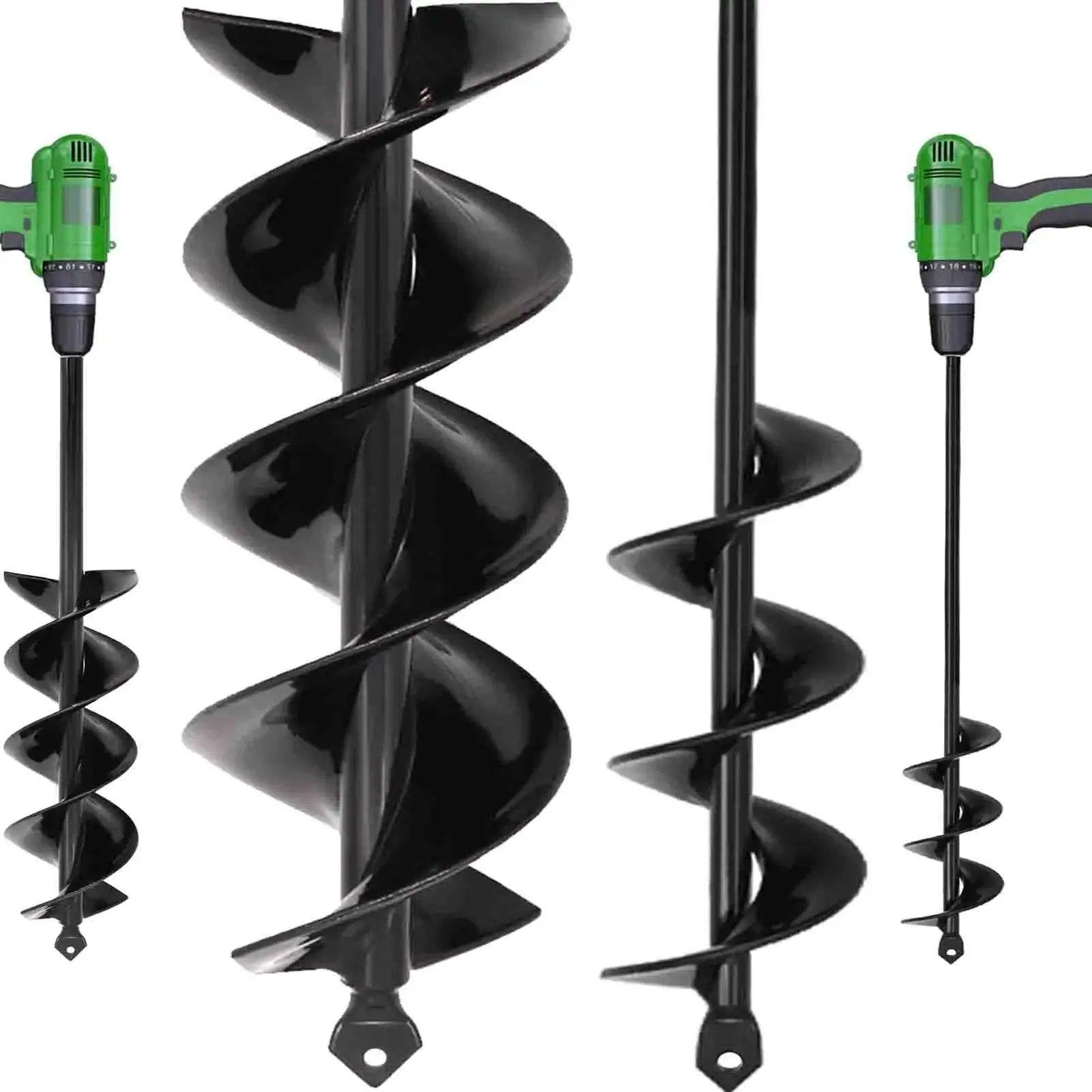 Planting Garden Auger Drill Bit Set 2 Pack Solid Core Shaft Spiral Hole Digger For Three Eighths Inch Hex Drive Drills 3 Inch By 16.5 Inch And 1.6 Inch By 16.5 Inch Fast Holes For Quick Planting And Easy Garden Beds close-up with green drills
