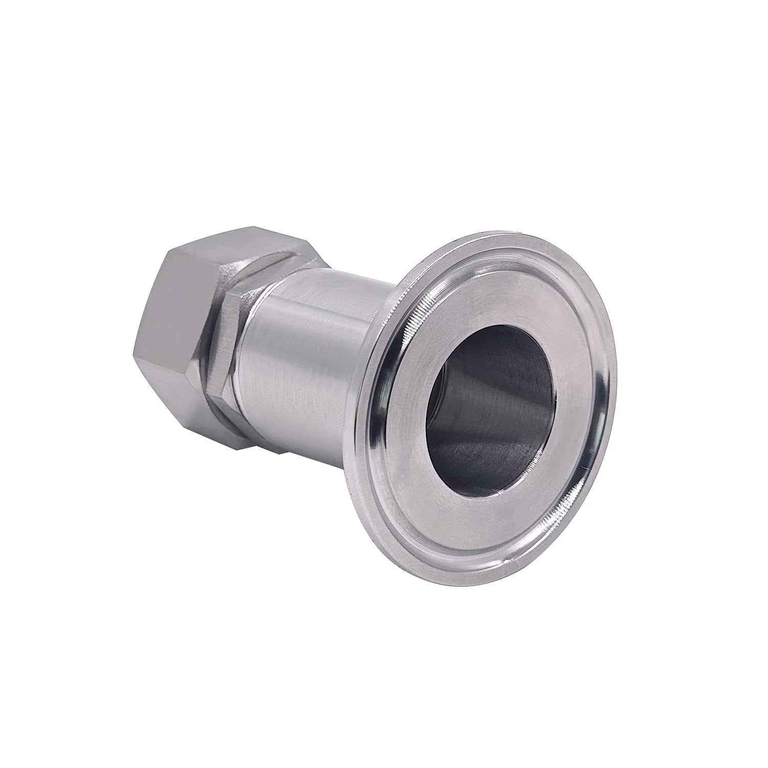 Stainless Steel Garden Hose Tri Clamp Fitting 1.5 TC To 3 Quarter GHT Female Adapter, front view, 304 stainless steel construction