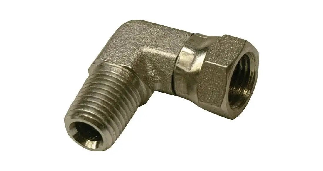 One Half Inch Male Pipe To Three Eighth Inch Female Pipe Swivel 90 Degree Hydraulic Adapter For Plumbing And Hydraulics