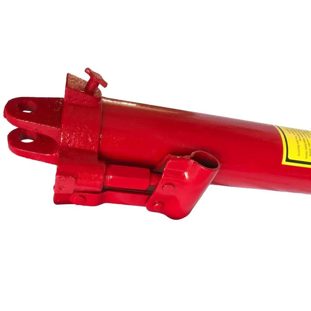 Side view of 8 Ton Hydraulic Long Ram Jack With Clevis Base For Engine Hoists And Cranes, showing red clevis attachment.