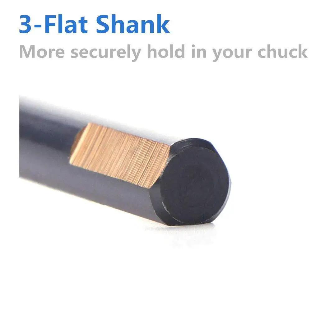 Close-up of 3-flat shank from Cobalt Drill Bits Set Of 12 17/64 Inch Black And Gold Coated Twist Drill Bits For Metal M2 High Speed Steel