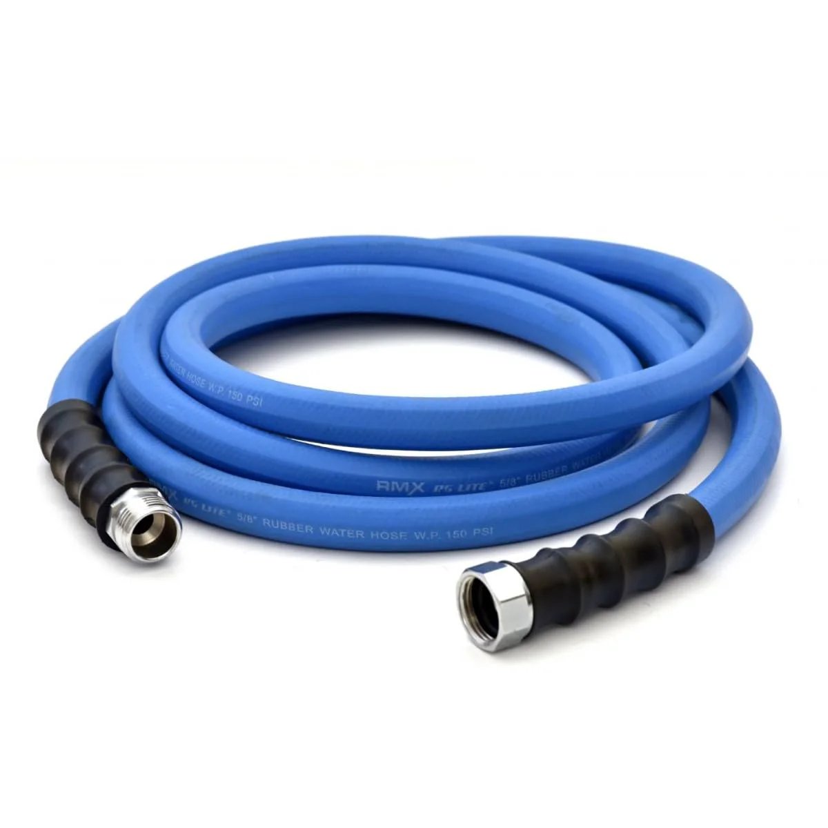 Ultra Light Rubber Garden Hose For Hot And Cold Water, Five-Eighth Inch By Twenty-Five Feet, Five Hundred PSI, blue coil.