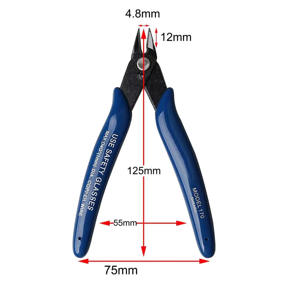 2 Pc Dark Blue Wire Cutter Set With Flush Cutters And Diagonal Pliers For Electronics Repair Jewelry Making DIY Projects, side view showing dimensions.