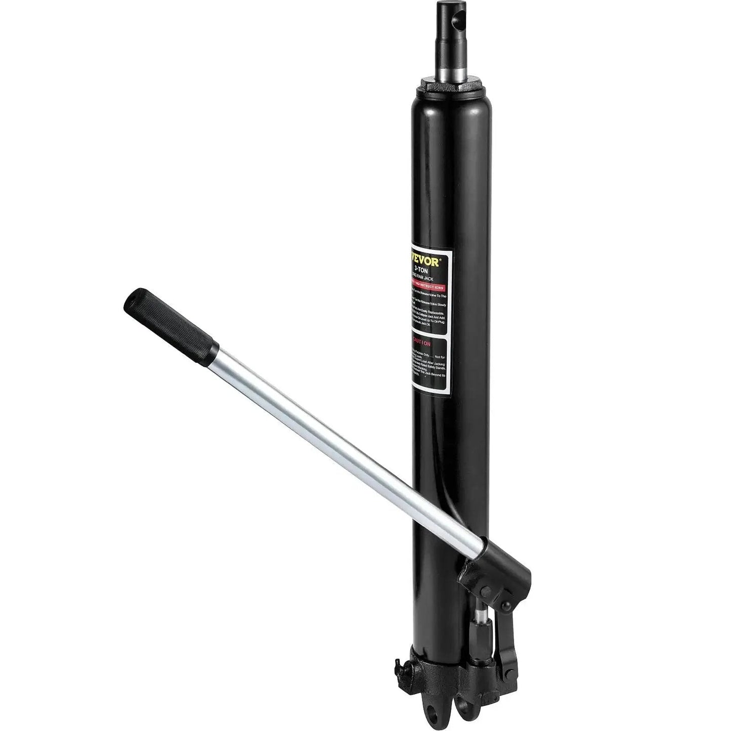 Three Ton Hydraulic Long Ram Jack With Clevis Base For Engine Hoist, black with attached handle.