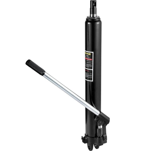 Three Ton Hydraulic Long Ram Jack With Clevis Base For Engine Hoist, black with attached handle.