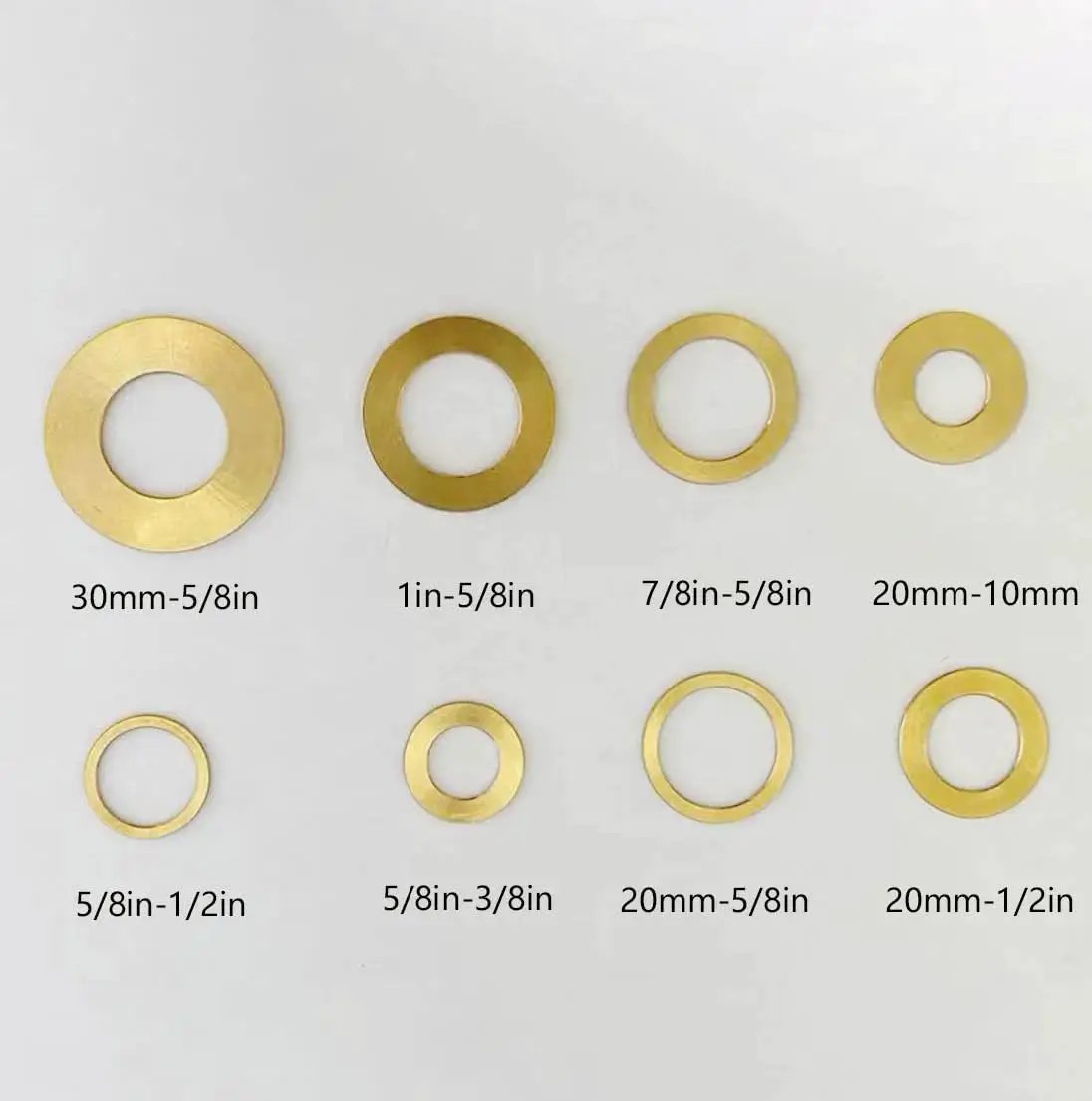 Various brass washer sizes including Brass Arbor Reducer Bushings 1 Inch To Five Eighths Inch 1.5mm Thick Four Pack Pro Grade