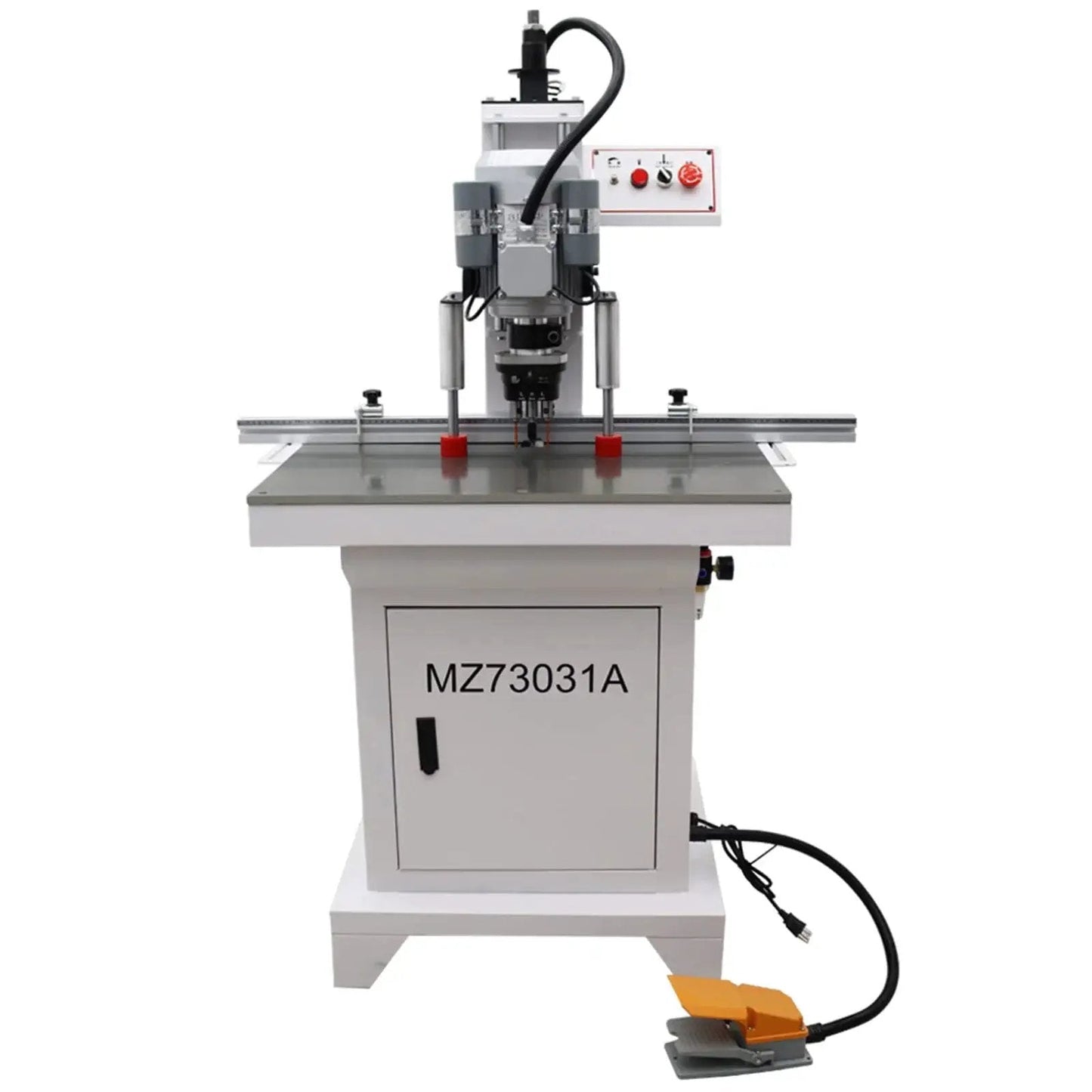 Front view of the Pneumatic Hinge Drilling And Insertion Machine For Doors And Woodworking Pros 110 Volt With Adjustable Positioning Plate