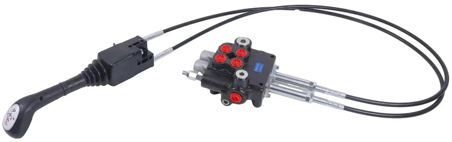 Two Spool Hydraulic Control Valve Kit With Cable Remote Joysticks For 21 Gpm Flow 80 Lpm Model P80, featuring durable cables and joysticks.