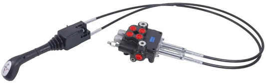 Two Spool Hydraulic Control Valve Kit With Cable Remote Joysticks For 21 Gpm Flow 80 Lpm Model P80, featuring durable cables and joysticks.