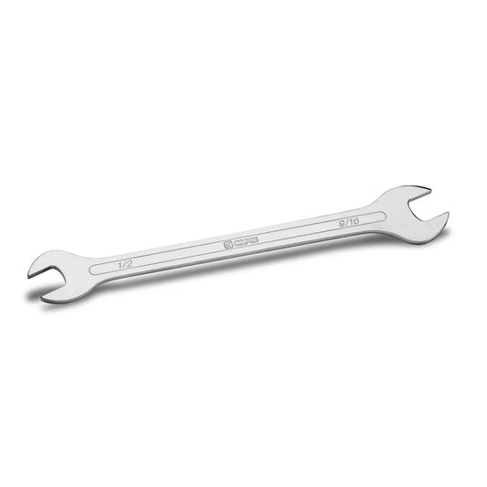 Ultra Thin Open End Wrench For Tight Clearance SAE One Half Inch By Nine Sixteenths Inch, Fifteen Degree Angled Head, Forged Steel, Low Profile Design, Capri Tools