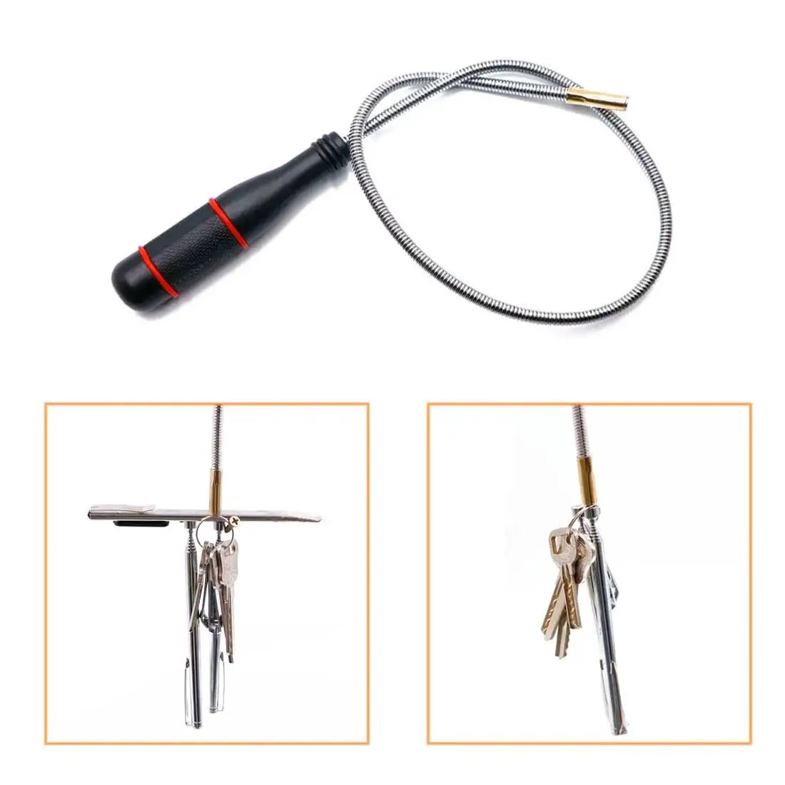 Three Pack Telescoping Magnetic Pickup Tool Set With A 15 Lb Magnet Reach From 7.2 To 30.7 Inches Plus An Extendable 1 Lb Magnet From 4.5 To 19.5 Inches And A 24 Inch Flexible Bendable Magnet Sweep Retriever For Easy Hidden Object Retrieval shown with flexible bendable design and keys attached.