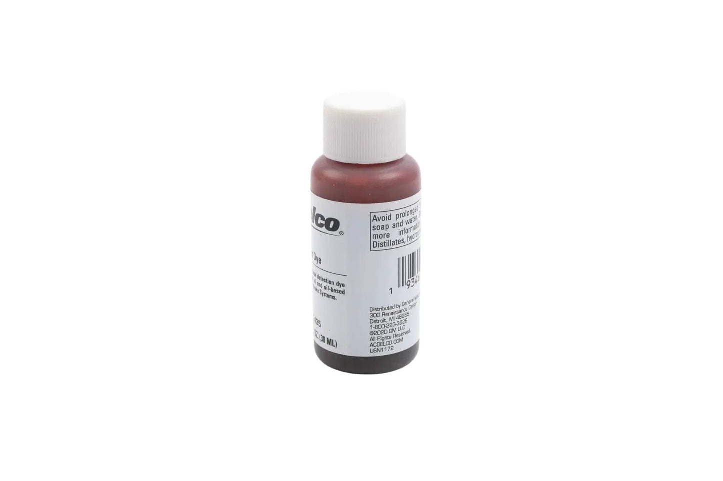 Side view of GM Original Equipment 10-5045 Multi-Purpose Fluorescent Leak Detection Dye 1 Oz bottle.