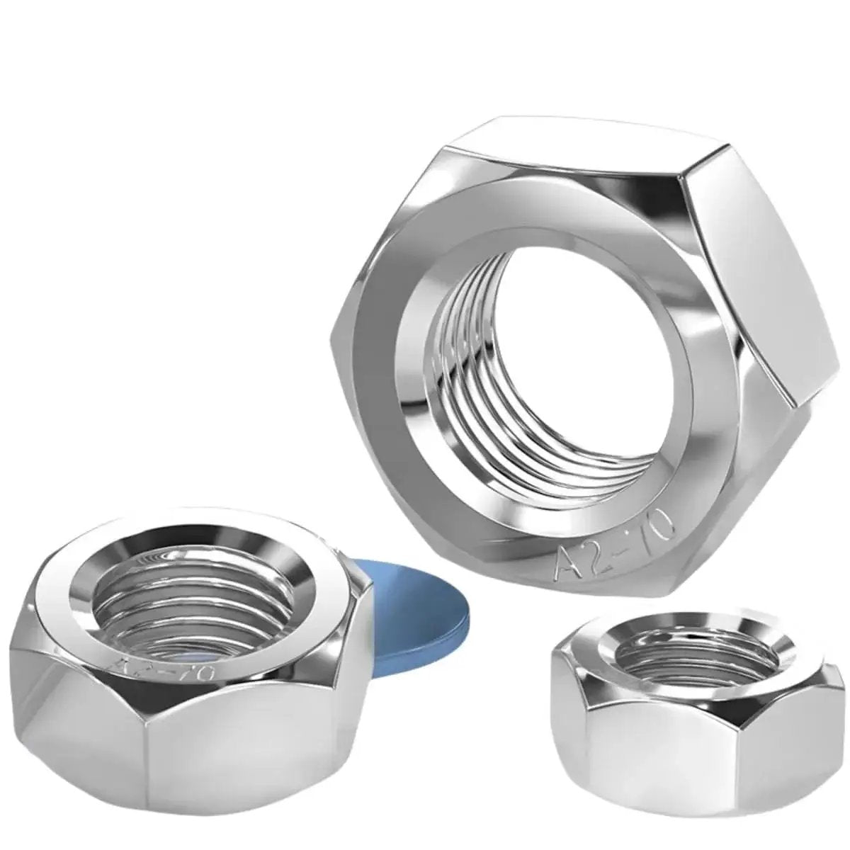 Three stainless steel hex nuts, varying sizes, showing internal threads and polished finish, for M8 Stainless Steel Double End Studs Hex Head With Right And Left Hand Threads.
