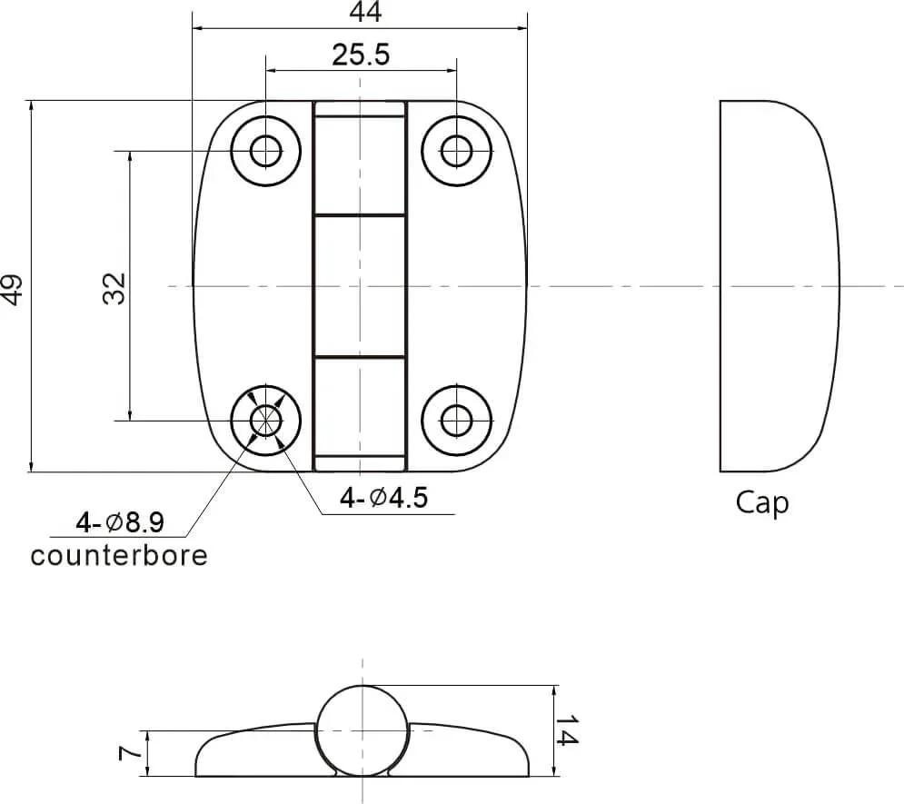 Technical diagram of 49mm x 44mm x 14mm Nylon Butt Hinge Surface Mount Free Swinging 180 Degree Range Matte Black Door Hinge for G6 0 1 Replacement.