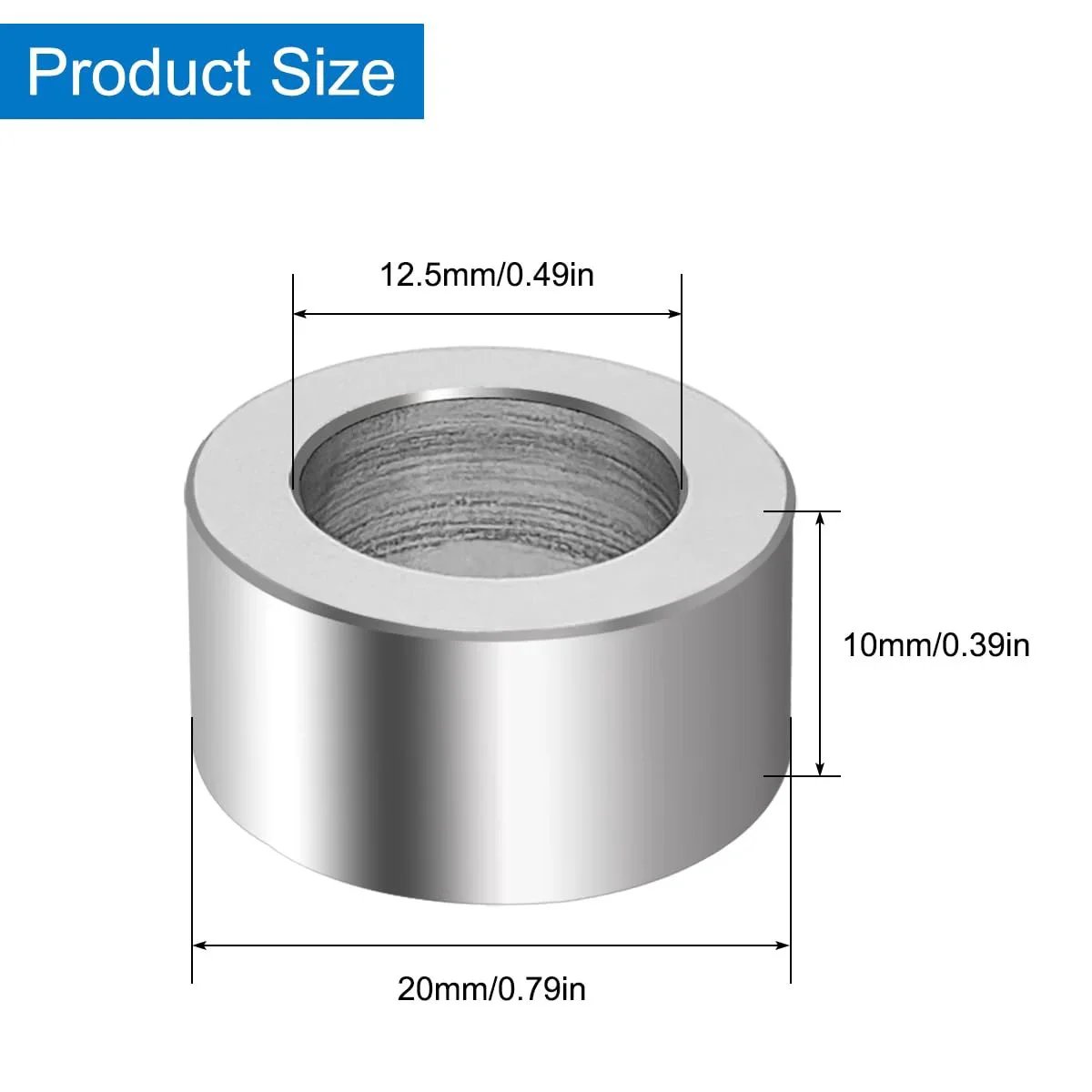 Product Size diagram of Five Pack M12 Aluminum Spacers 12.5 Mm Inner Diameter 20 Mm Outer Diameter 10 Mm Length Unthreaded Standoff Bushings