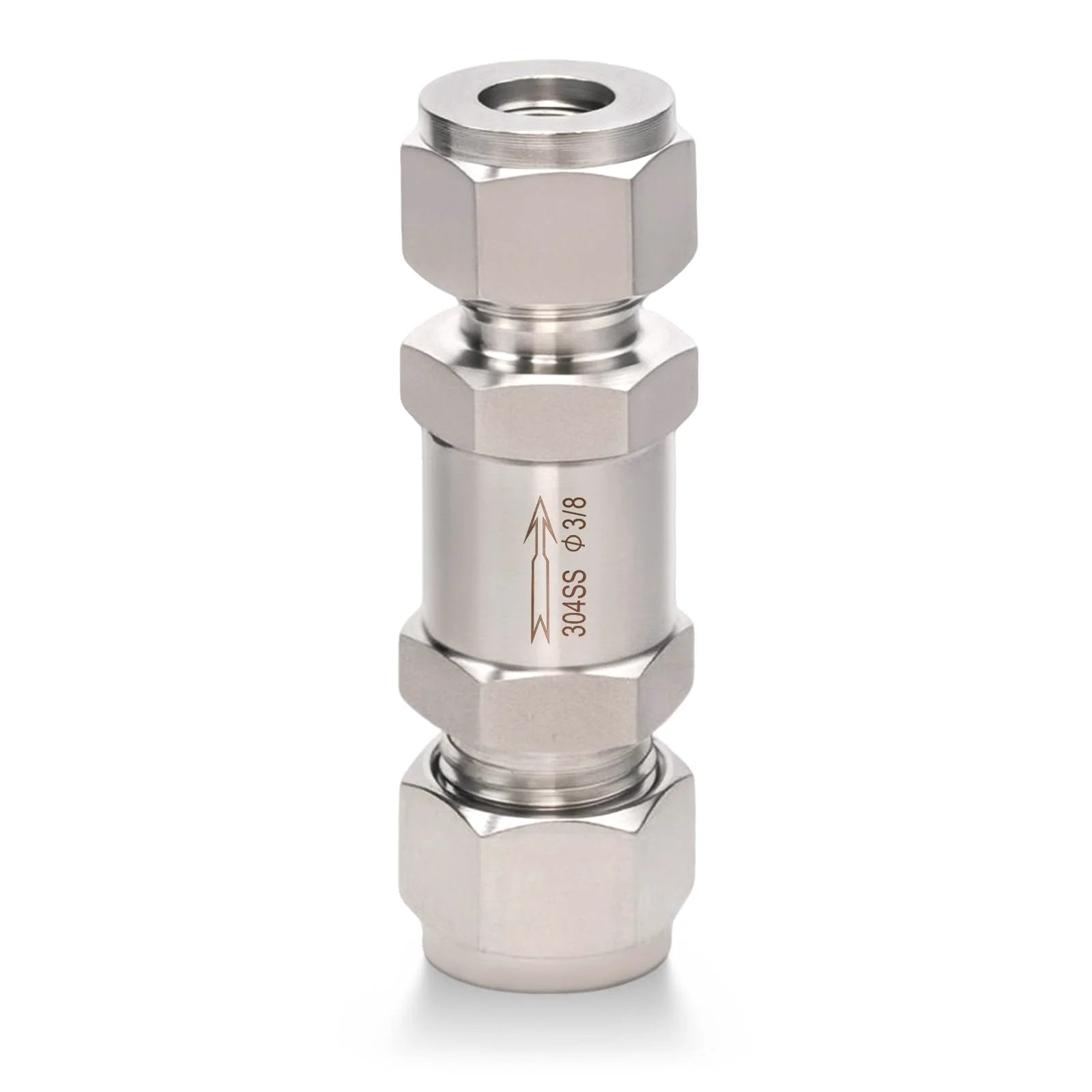 Front view of Premium Heavy Duty 304 Stainless Steel Compression Check Valve For Water Oil Gas Three Eighths Inch OD