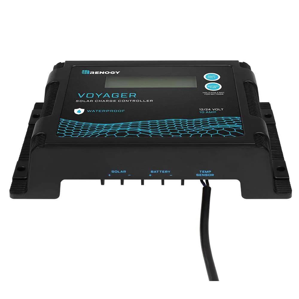 View of Renogy solar charge controller with Go To Battery Temperature Sensor for solar charge controllers with outdoor ready 118 inch cable.