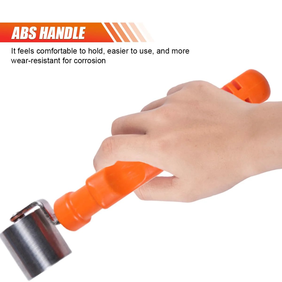 Close-up of Car Audio Sound Deadening Roller With Anti Slip Handle Stainless Steel Hand Roller in use, showing orange ABS handle.