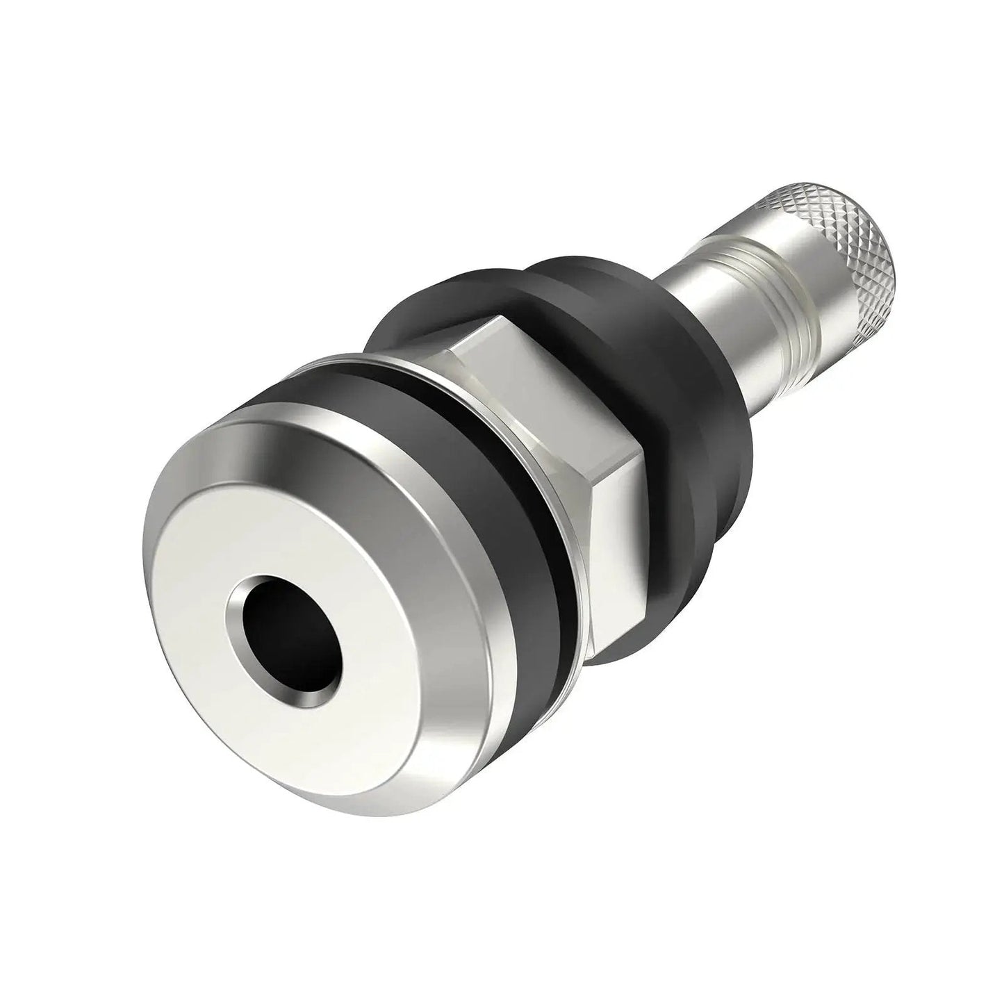 5 Pack Metal Tire Valve Stems Outer Mount Fits 0.453 Inch And 0.625 Inch Rim Holes Brass Chrome Finish EPDM Rubber High Temperature Valve Core Included Clamp In Valves With 1.5 Inch Effective Length And 1 5/8 Inch Overall Length close-up view