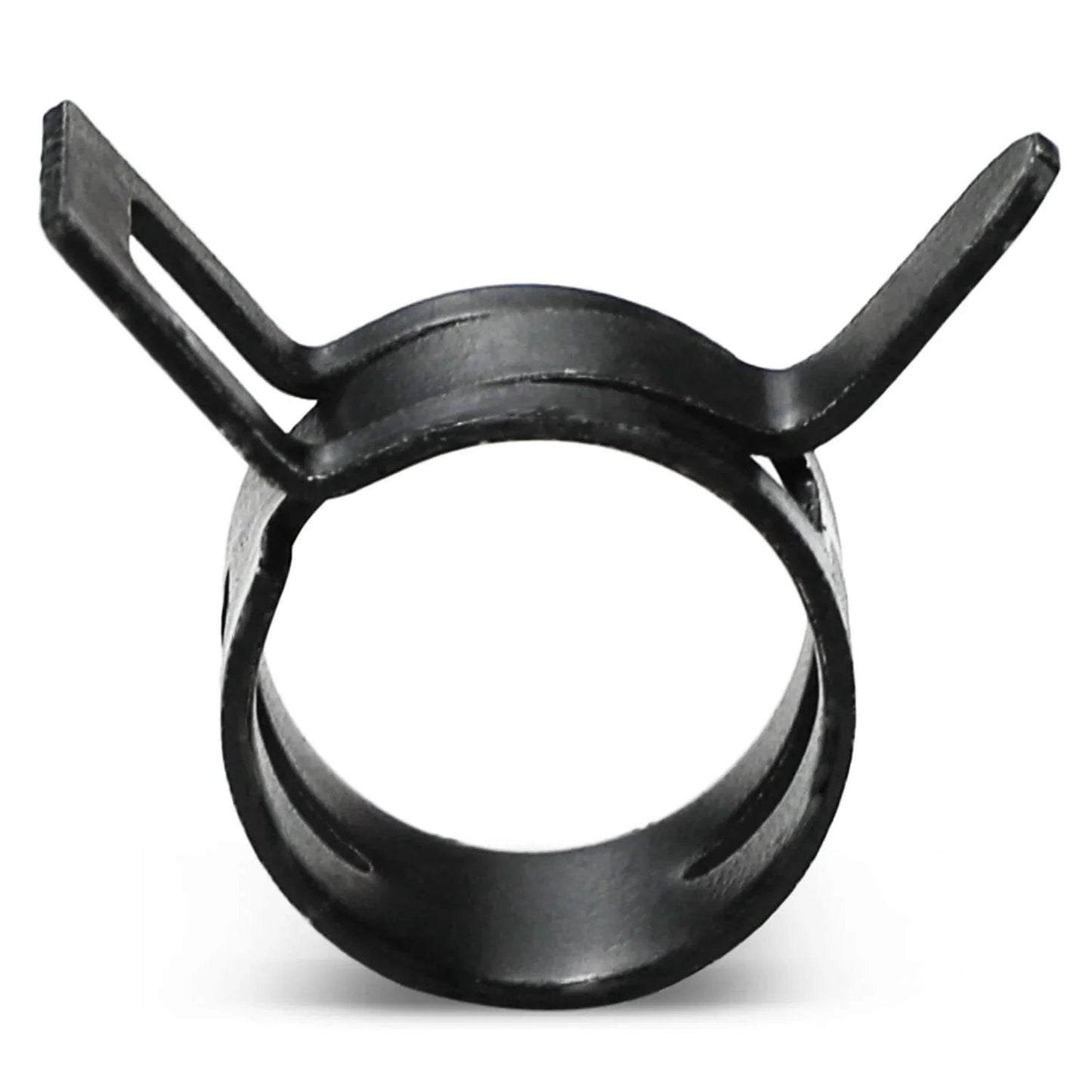 Front view of a single clamp from a 350 Piece Spring Hose Clamp Set 6 To 19 Mm Range 65Mn Spring Steel Dacromet Coated Fuel Line Clamps.