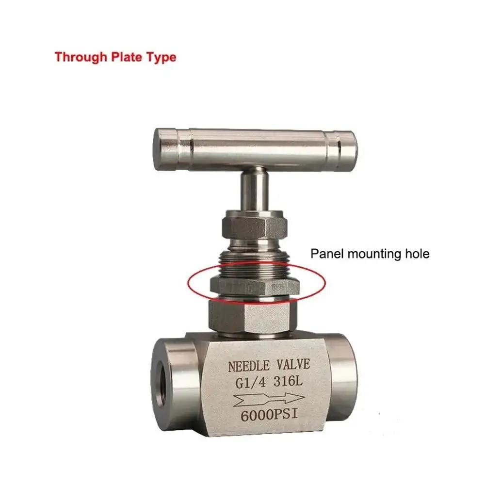 High Pressure Needle Valve Made From 304 316L Stainless Steel Through Plate Type With Female Threads For Instrumentation Systems Available In Sizes One Eighth To One Inch Provides Precise Flow Control Leak Tight Sealing And Stable Pressure Shncuonp