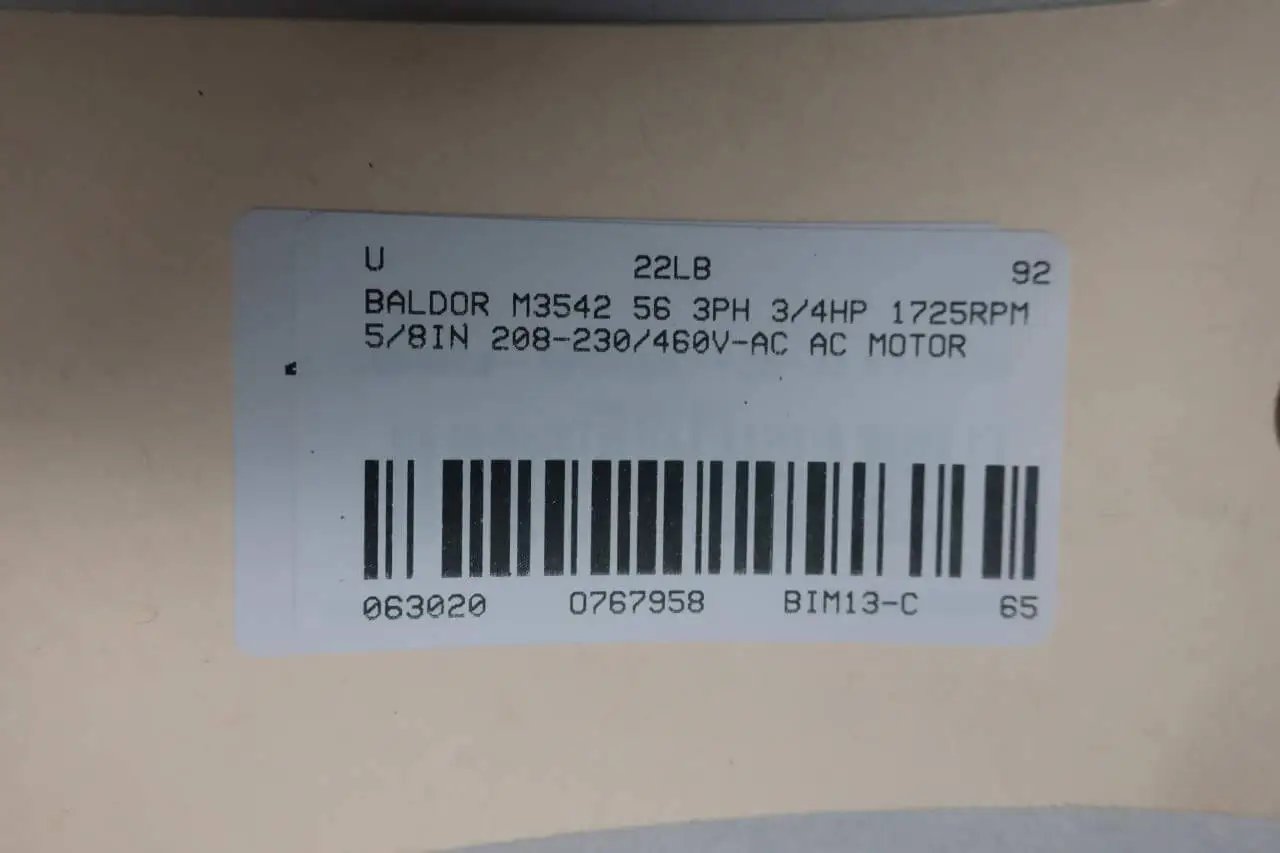 Label of Single 3-Phase AC Motor Frame 56 3/4 HP 1725 RPM 5/8 in (15.88 mm) Shaft 208-230/460V Sealed ball bearing compatible M3542