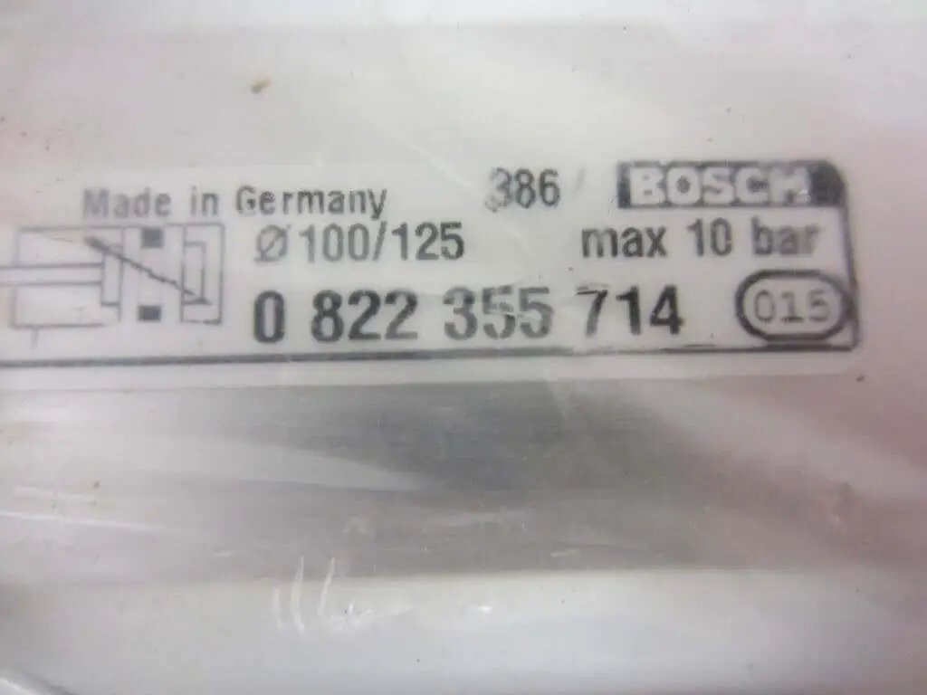 Pneumatic cylinder single unit Ø100/125 mm, part 0 822 355 714 label with specifications, maximum 10 bar pressure