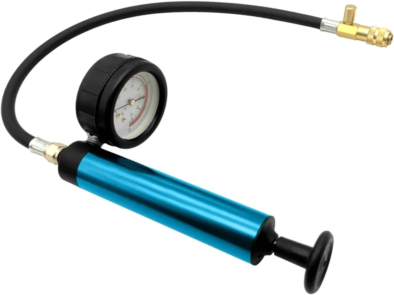 Aluminum Radiator Pressure Tester With Gauge for Auto Cooling System, includes blue hand pump and black rubber hose with brass fittings