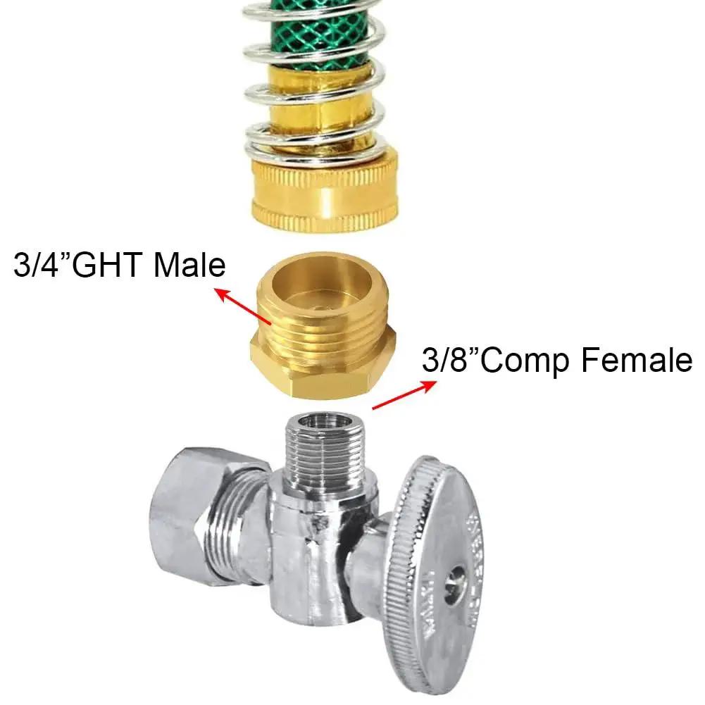 Two Pack Brass Three Quarter GHT Male To Three Eighths Compression Female Reducer Pipe Fitting For Garden Hose And Faucet Connections.
