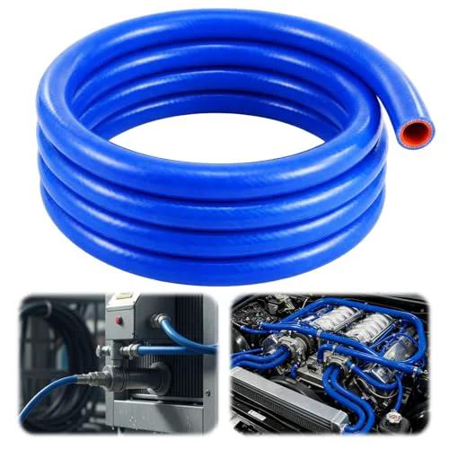 Three Quarter Inch Silicone Heater Hose 10 Foot Roll Blue Heavy Duty Reinforced With Polyester Braiding For Vehicle Cooling Systems Built To Handle High Temperature 171 PSI Rupture Resistance Durable Coolant Water And Gas Transfer Hose coiled and installed on vehicle engine and machinery.