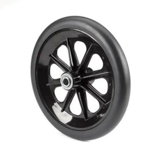 Wheelchair Caster Assembly 8 Inch Front Wheel With 8 Spoke Black Rim Black Rubber Tire Molded On Rim Non Precision Bearing