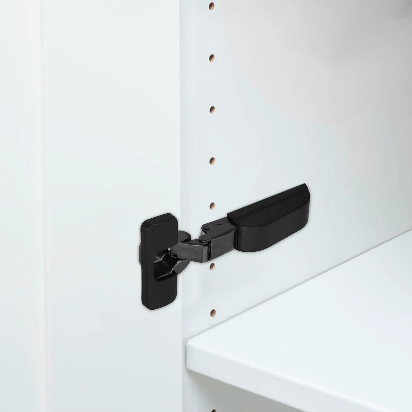 Installed cabinet with concealed mounting cabinet hinges with soft close hydraulic damper, showing easy install and smooth alignment.