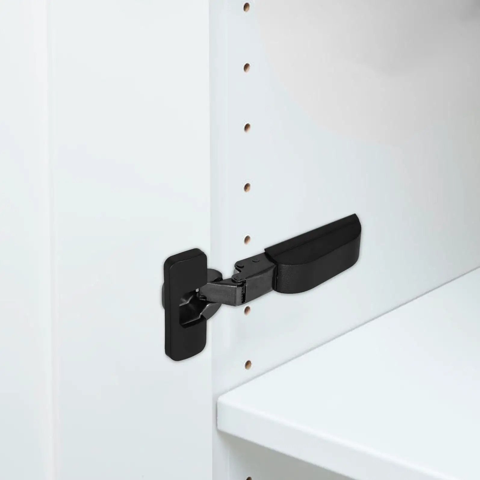 Installed cabinet with concealed mounting cabinet hinges with soft close hydraulic damper, showing easy install and smooth alignment.