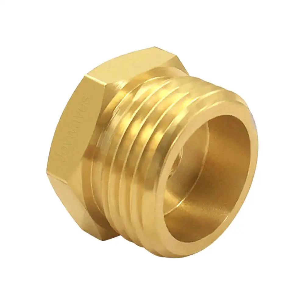 Brass three quarter GHT male fitting, part of Two Pack Brass Three Quarter GHT Male To Three Eighths Compression Female Reducer Pipe Fitting.
