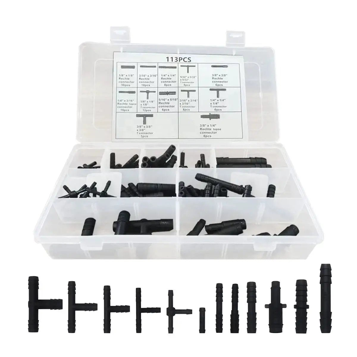 113 Piece Vacuum Connector Assortment Kit For Auto Hoses With 12 Sizes Of Tee And Straight Nylon Fittings shown in storage case