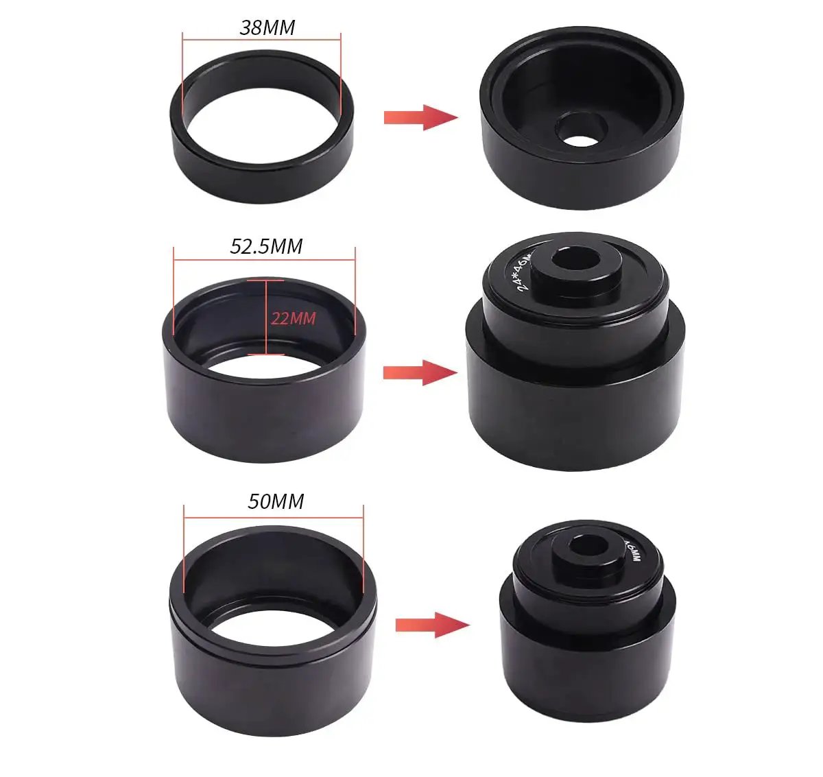 Professional Durable Bicycle Bearing Press And Removal Tool Kit components for Precise Bottom Bracket Bearing Installation, showing 38MM, 50MM, and 52.5MM sizes.