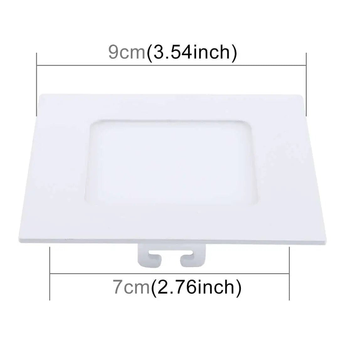 Square white LED ceiling light with dimensions 9cm by 7cm.