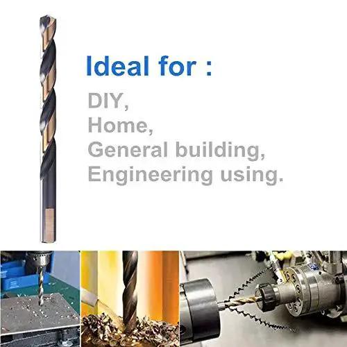 Cobalt Drill Bits Set Of 12 17/64 Inch Black And Gold Coated Twist Drill Bits For Metal M2 High Speed Steel, various uses shown
