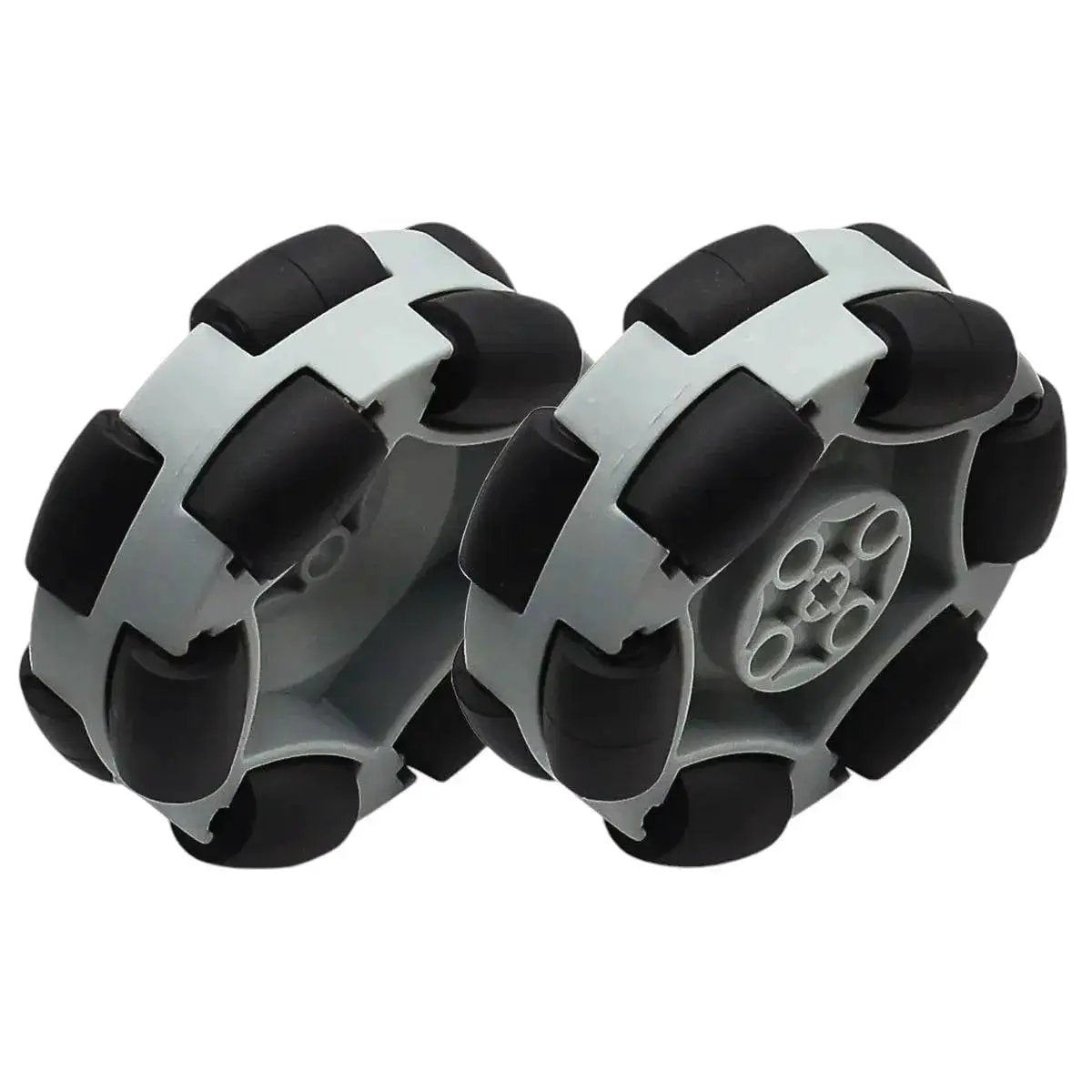 Pair of Omni Wheel For Go Karts And Lego Robots 2.5 Inch 50mm, plastic build, black and gray design, for DIY RC cars and robotics projects.