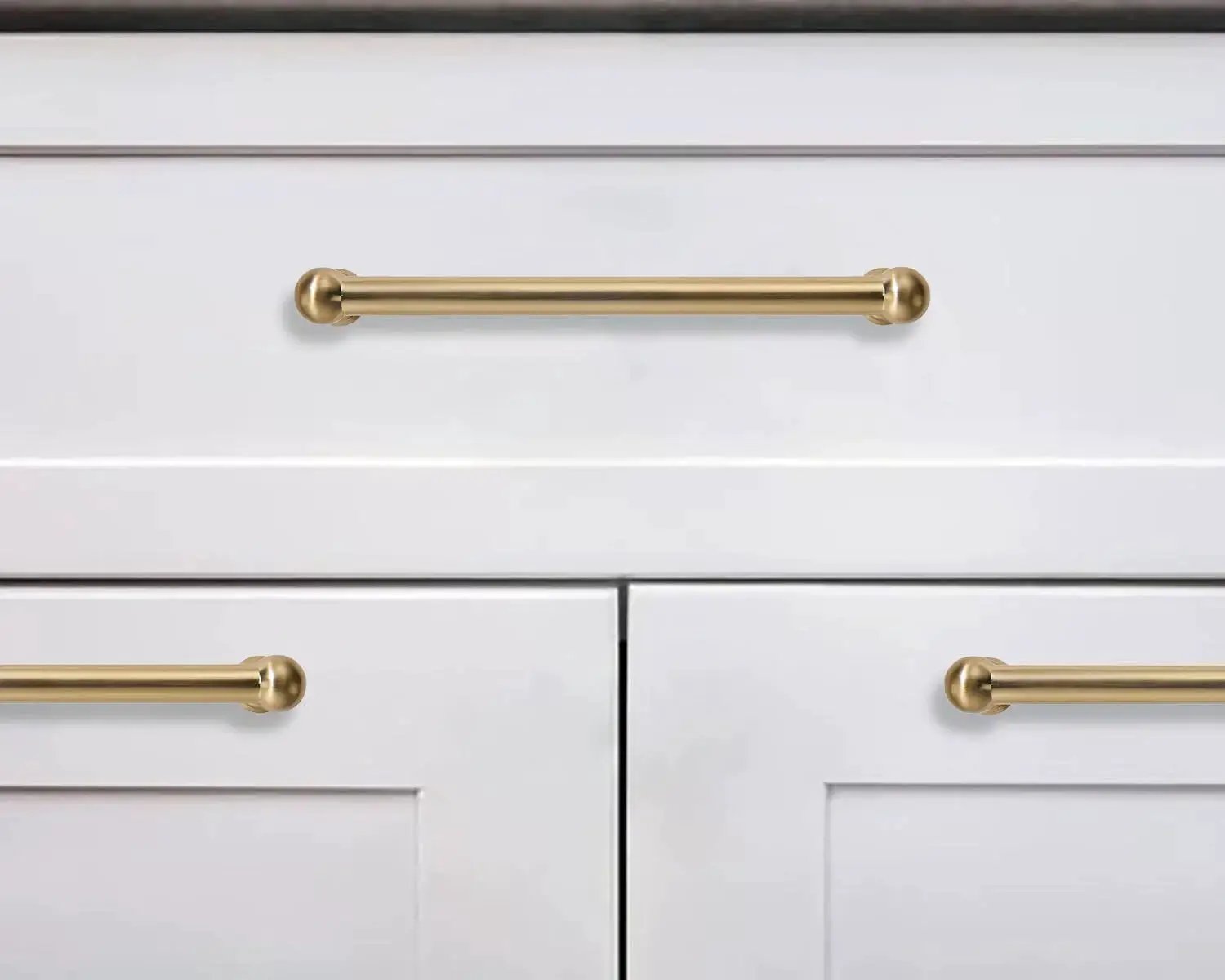 2 Pack 5 Inch Hole Center Brushed Brass Cabinet Pulls Heavy Duty Solid Zinc Alloy Handles on white kitchen cabinet