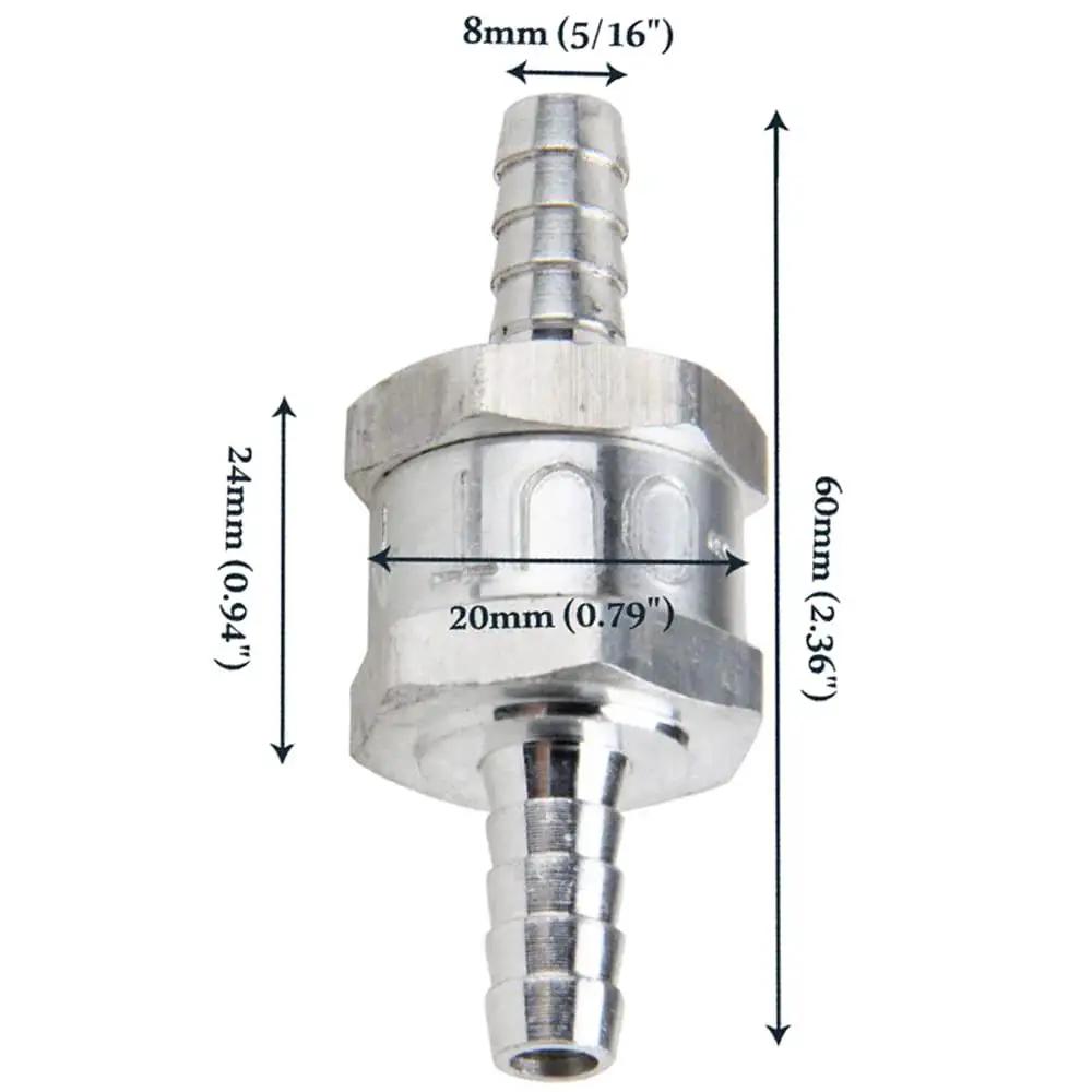 8mm ID Fuel Non Return One Way Check Valve For Gasoline Diesel Oil And Water Aluminum Alloy Auto Accessory Durable High Temperature Design Perfect For Fuel Lines Long Lasting Convenience 12 Month Warranty showing front view with dimensions