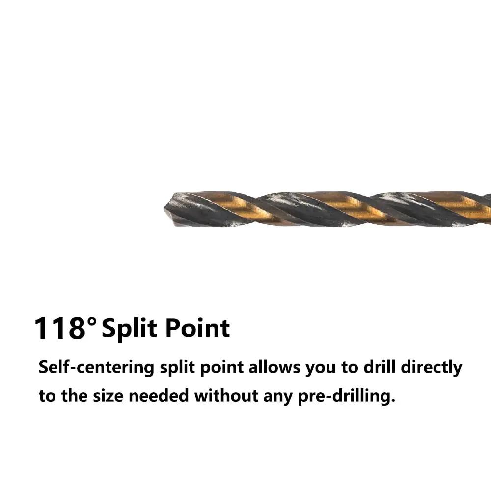 Close-up of a black-gold drill bit with a 118° split point from 10 Pcs 7 64th Inch Impact Hex Drill Bit Set With Quick Change Driver HSS