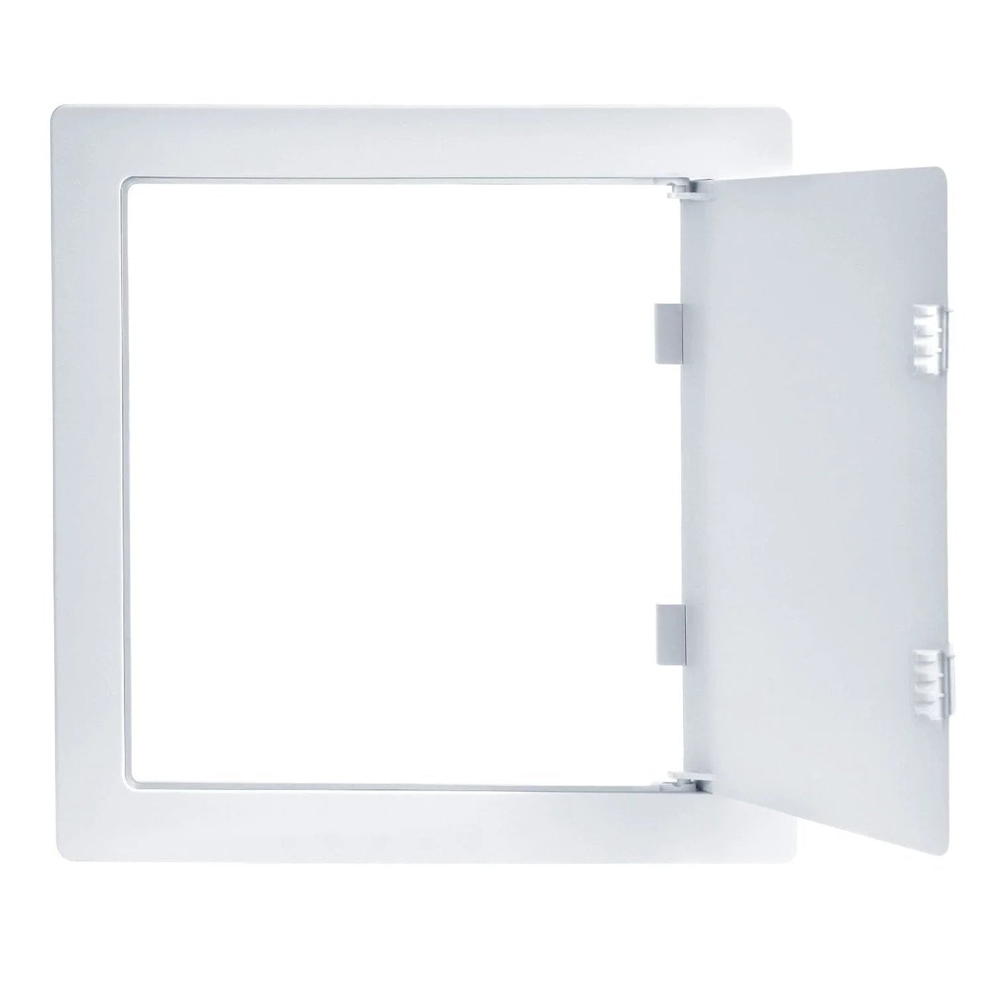 Open view of 10x10 Inch Plastic Access Panel For Drywall Removable Wall Door For Plumbing And HVAC By QWORK Built Tough ABS Plastic.