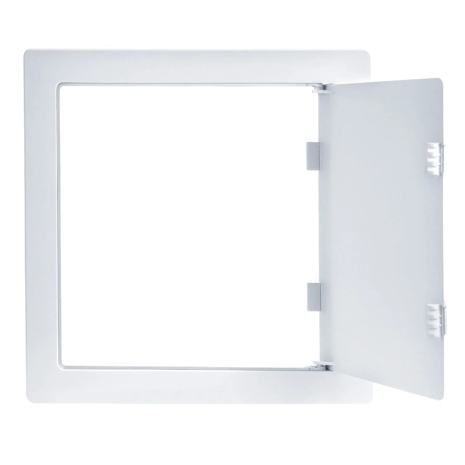Open view of 10x10 Inch Plastic Access Panel For Drywall Removable Wall Door For Plumbing And HVAC By QWORK Built Tough ABS Plastic.