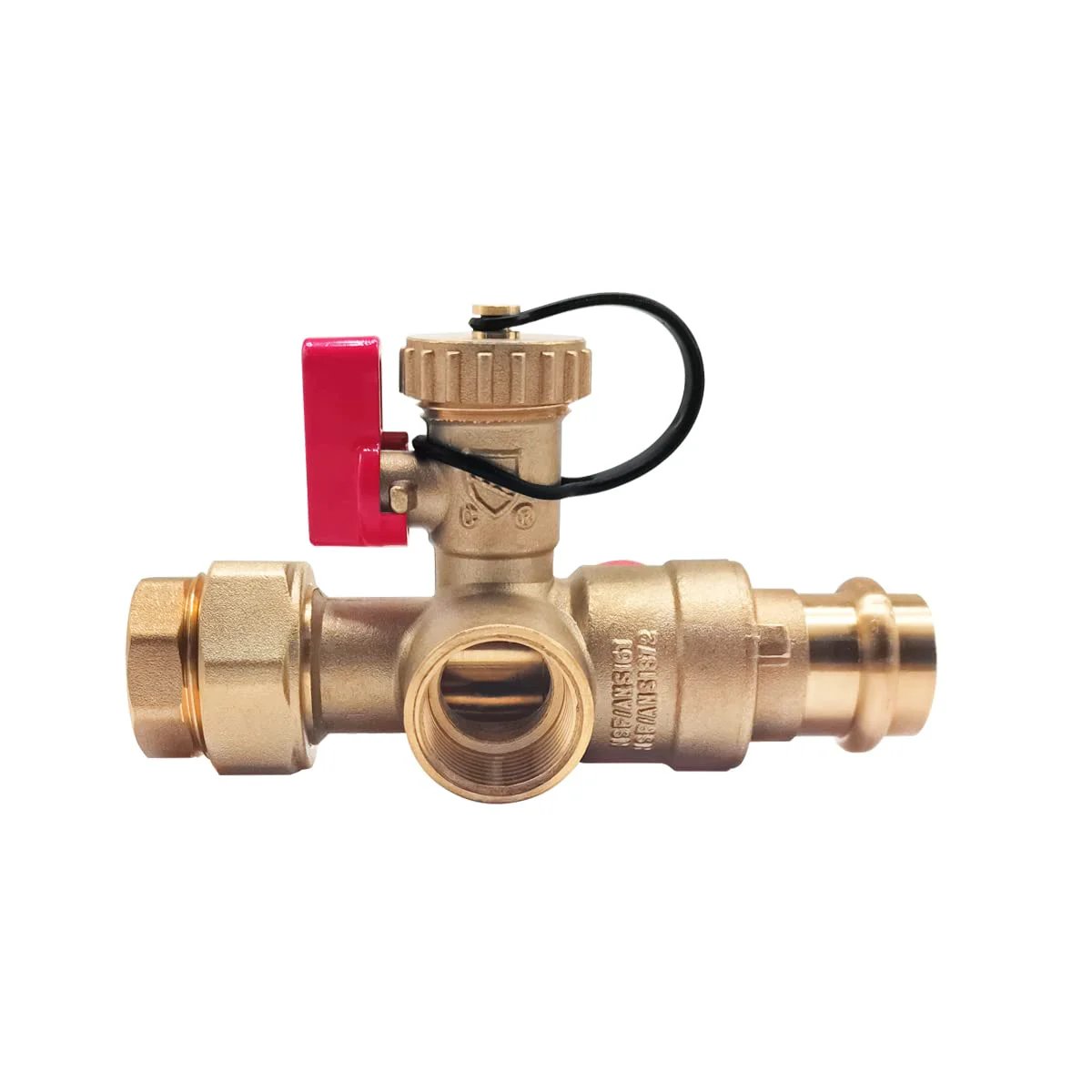 Tankless Water Heater Isolation Valve Kit With Pressure Relief Valve In Clean Brass For Low Lead Codes, Three Quarters Inch Female Threaded X Press Connection