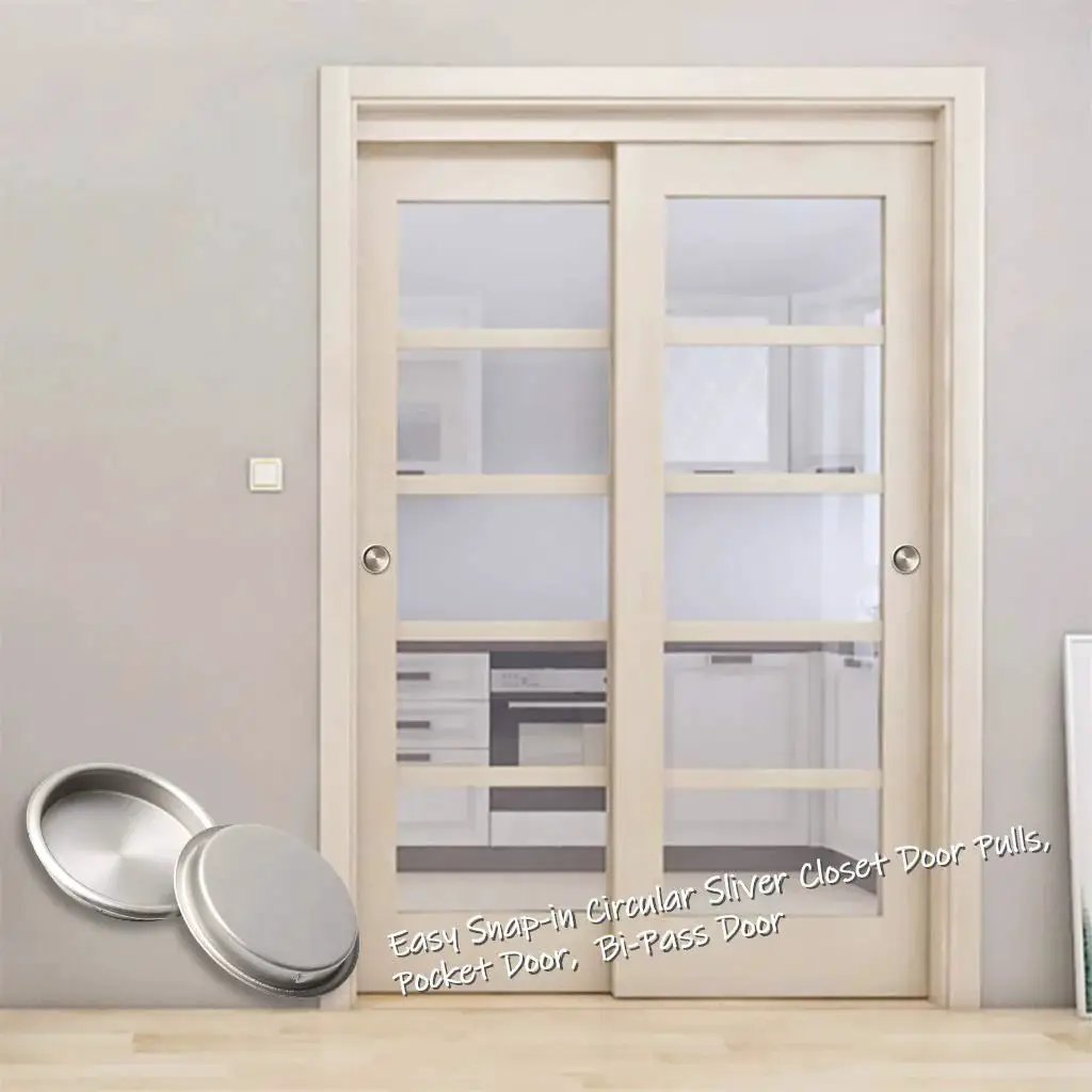 Sliding door with 4 Pack Satin Nickel Closet Door Finger Pulls Two And One Eighth Inch Inner Diameter Snap In Design visible