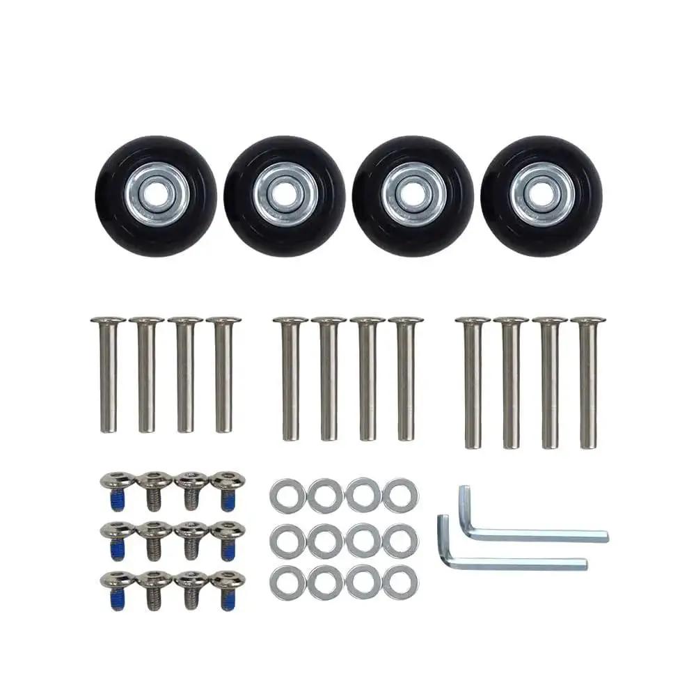 Luggage Wheels Replacement Set Of 4, 40mm X 18mm Universal Fit For Suitcases And Carts, shown with hardware and tools