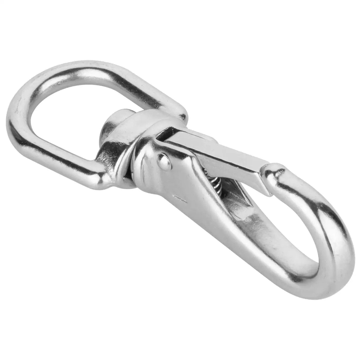 Close-up of Stainless Steel Swivel Eye Snap Hooks Three Quarter Inch Heavy Duty Pack Of 4 with smooth finish and 7/16 in opening.