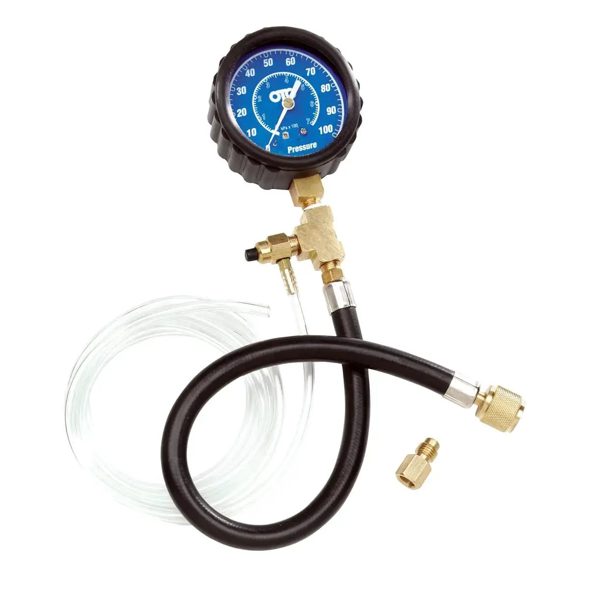 Fuel Pressure Test Kit With 0 To 100 PSI Gauge For Vehicle Diagnostics showing gauge, brass fittings, and hoses